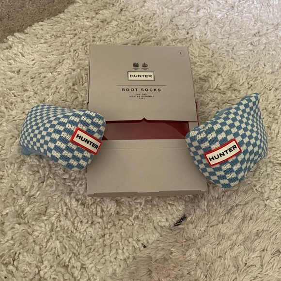 HUNTER boot socks tall. L blue checkers 7 -9M 8-10F NIB - Picture 2 of 5